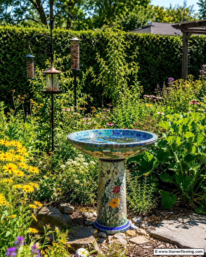 Mosaic BirdbathsOne - 25 Mosaic Garden Ideas to Add Artistic Flair