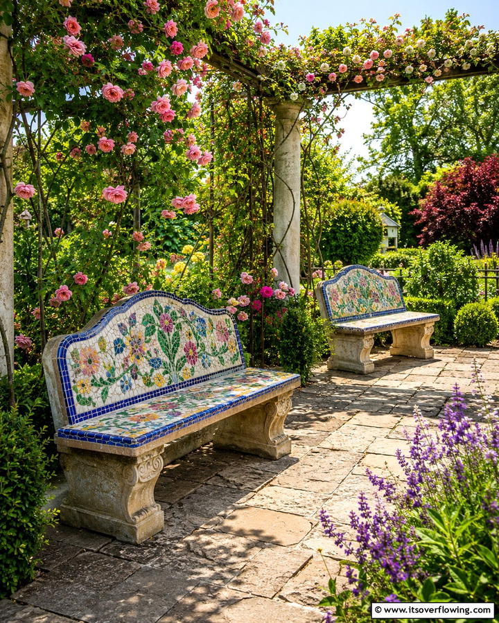 Mosaic Garden BenchesExact - 25 Mosaic Garden Ideas to Add Artistic Flair