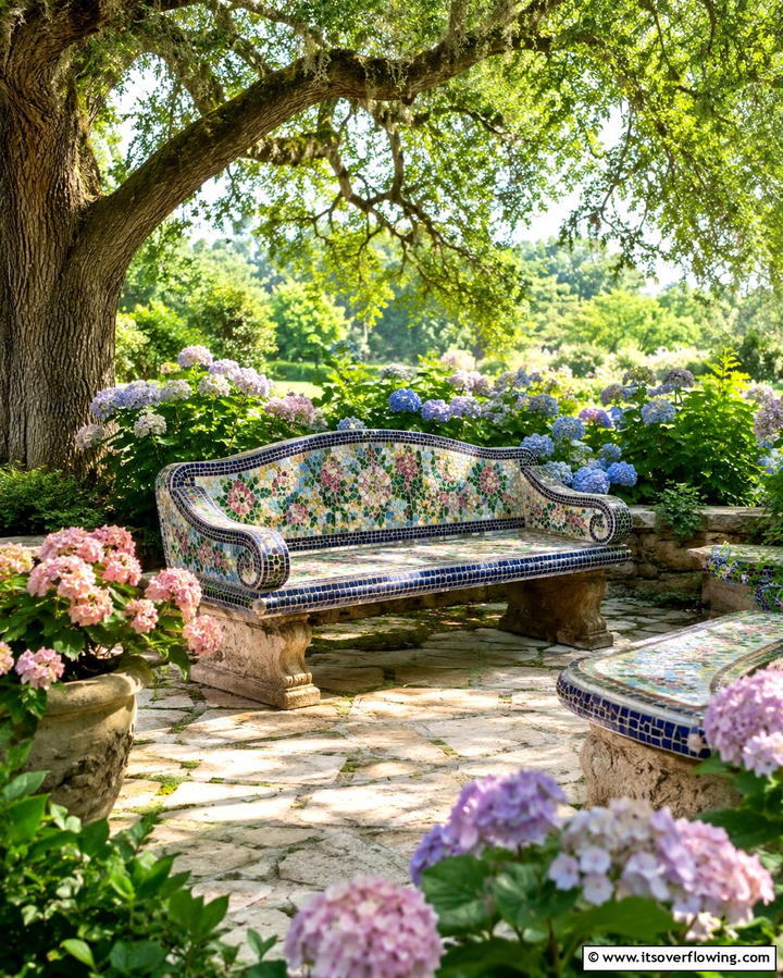 Mosaic Garden BenchesOne - 25 Mosaic Garden Ideas to Add Artistic Flair