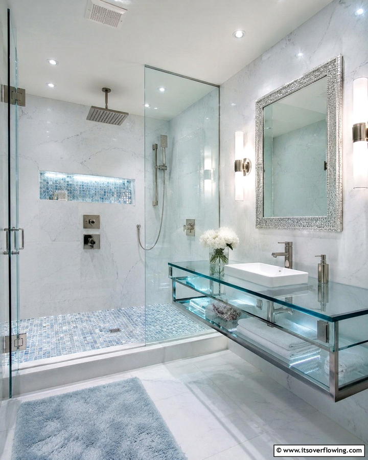 Mosaic Glass Tiles for a Shimmering Effect - 30 Shower Floor Tile Ideas for Slip-Resistant Style