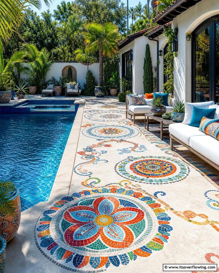 Mosaic Inspired Designs - 25 Stamped Concrete Pool Deck Ideas for Durability