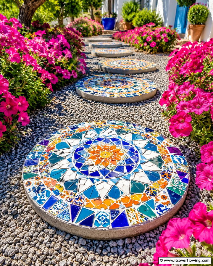 Mosaic Inspired Stepping Stones - 30 Creative Stepping Stone Walkway Garden Ideas