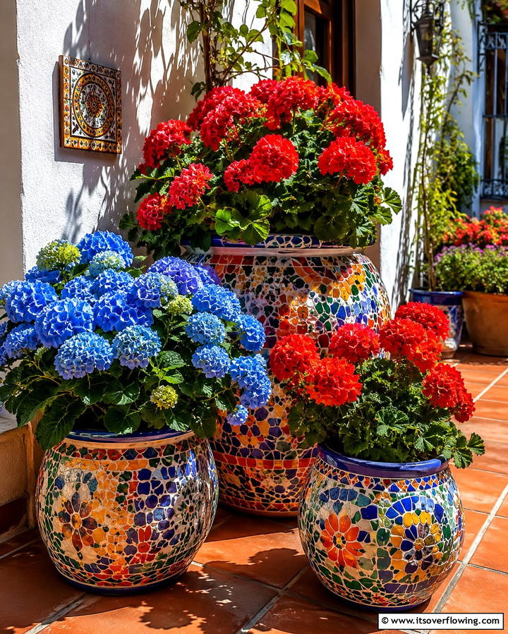 Mosaic Planter Arrangements - 25 Patio Small Garden Ideas to Maximize Your Space