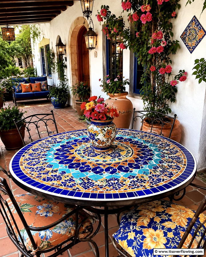 Mosaic Tabletop Decor - 30 Spanish Style Front Porch Ideas for Mediterranean Charm