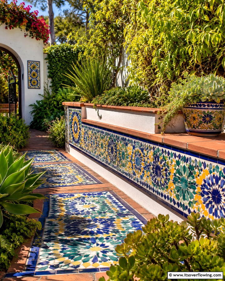 Mosaic Tile Accent Garden - 30 Mediterranean Garden Ideas to Create a Coastal Oasis