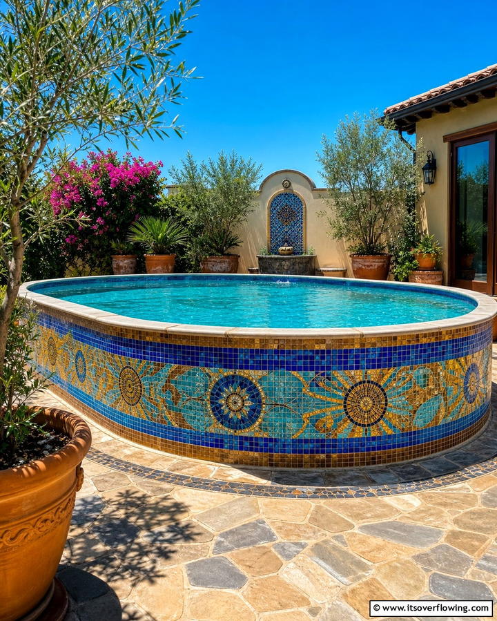 Mosaic Tile Accents for Artistic Flair - 25 Creative Above Ground Pool Ideas for Your Backyard