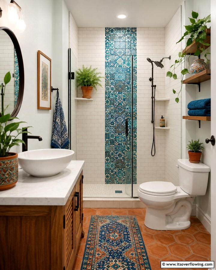 Mosaic Tile Accents for Visual Interest - 25 Small Bathroom Walk-in Shower Ideas for Compact Spaces