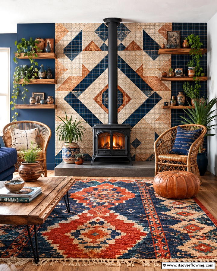 Mosaic Tile Creativity - 30 Cozy Wood Stove Surround Design Inspirations