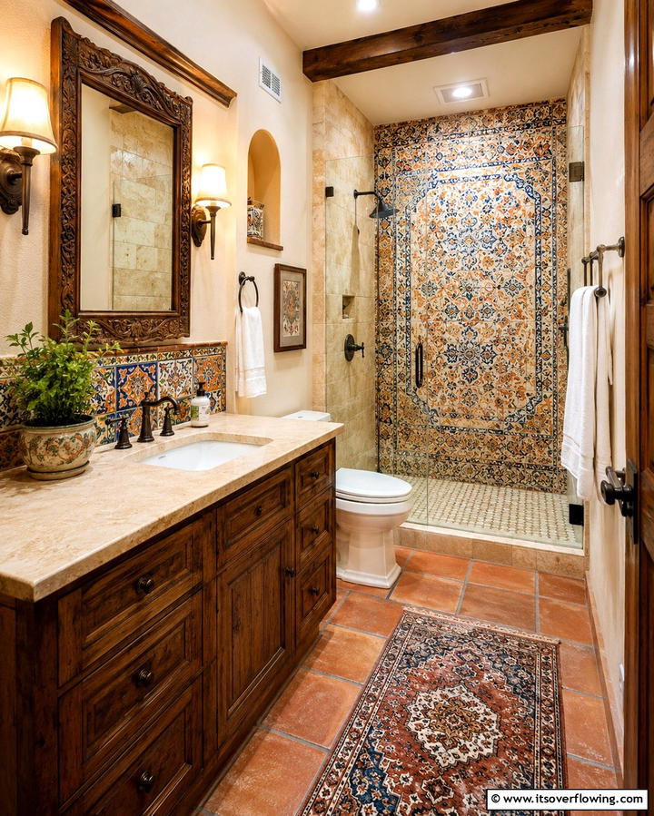 Mosaic Tile Details - 20 Tuscan Bathroom Ideas for a Rustic Retreat