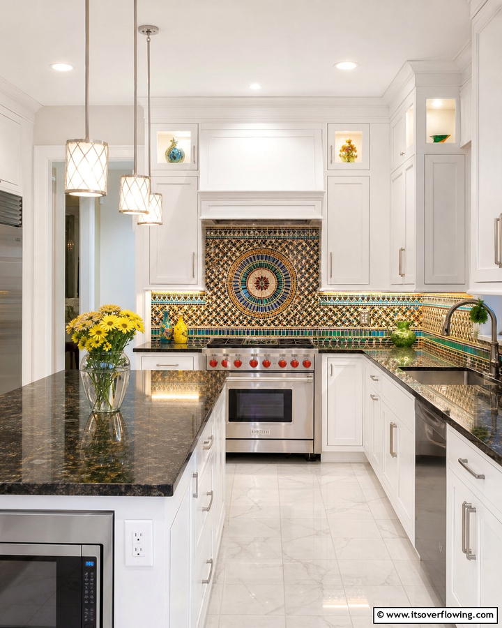 Mosaic Tile Magic - 21 Backsplash Ideas for White Cabinets and Granite Counters