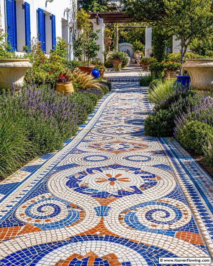 Mosaic Tile Path Design - 30 Greek Garden Ideas- Mediterranean-Inspired Landscaping