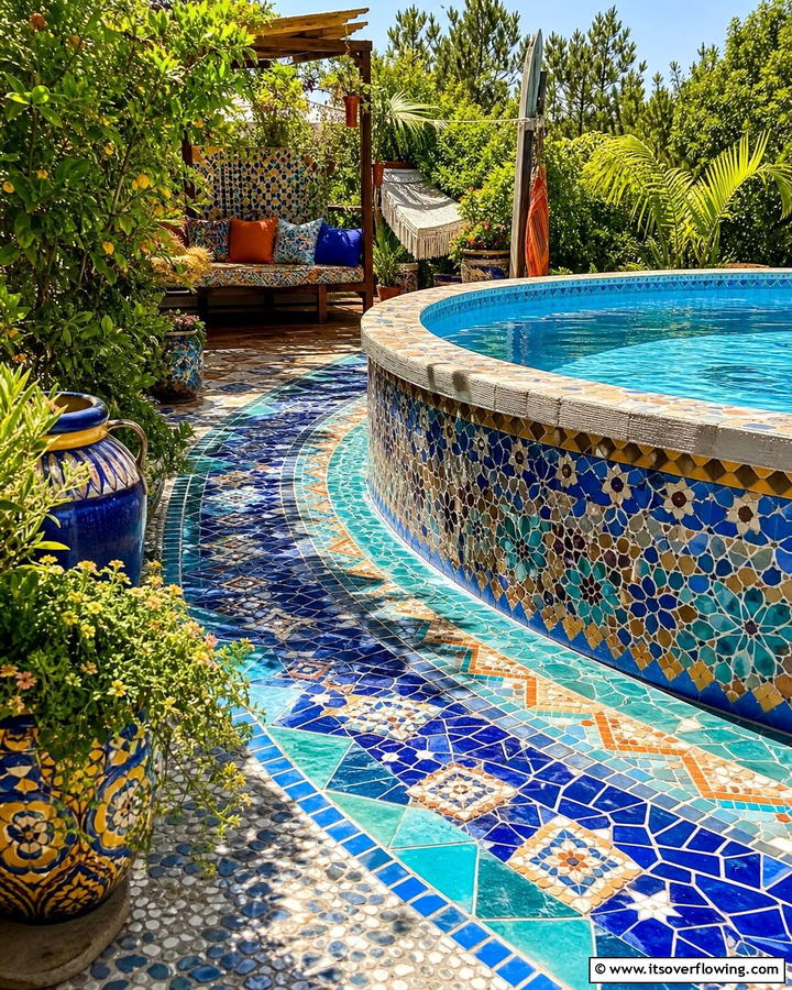 Mosaic Tile Pathway - 20 Above Ground Pool Walkway Ideas for Safety