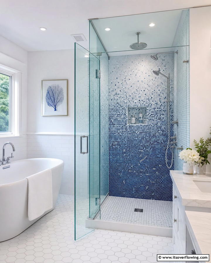 Mosaic Tile Shower - 25 Blue and White Bathroom Ideas for a Fresh Look