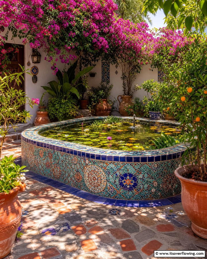 Mosaic Tiled Raised Pond - 20 Raised Garden Pond Ideas for a Tranquil Backyard
