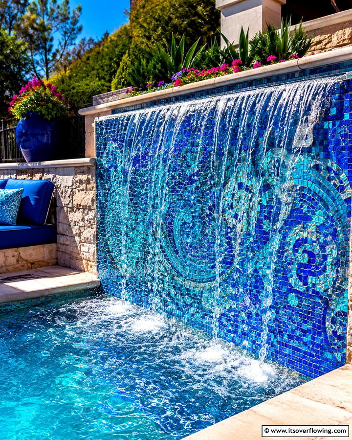 Mosaic Tiled Waterfall - 25 Small Pool Waterfall Ideas for Your Backyard