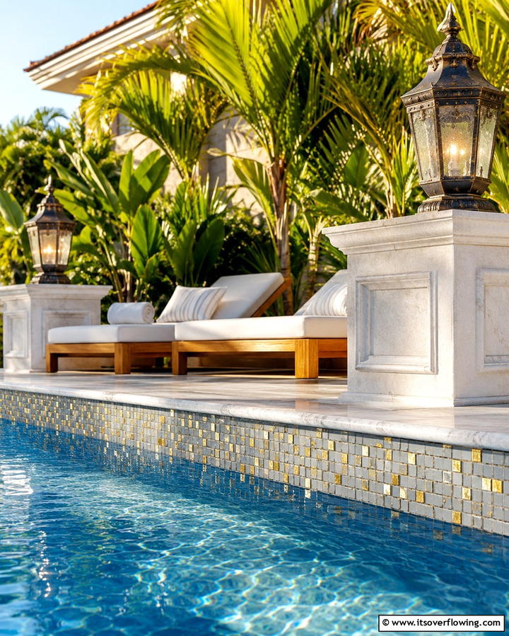 Mosaic Tiles with Gold Accents - 20 Waterline Pool Tile Ideas for a Stunning Backyard Oasis