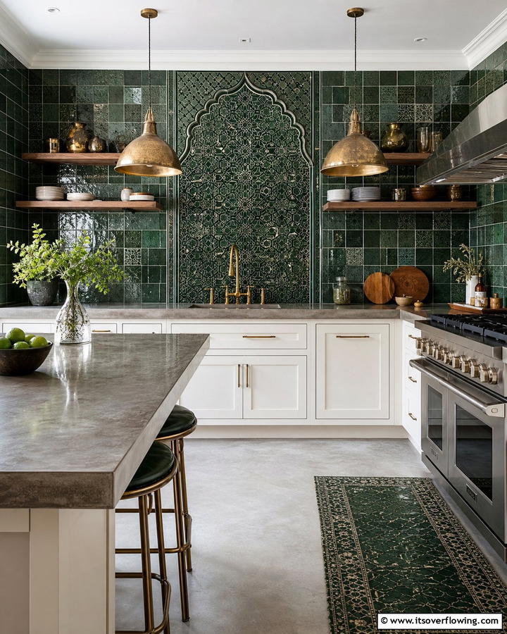 Mosaic of Dark Green Tiles - 21 Dark Green Kitchen Ideas for Bold Cabinetry