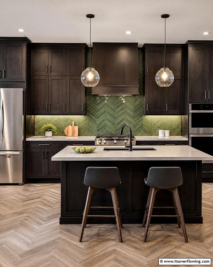 Moss Green Backsplash with Dark Wood Cabinets - 25 Warm Green and Brown Kitchen Design Ideas