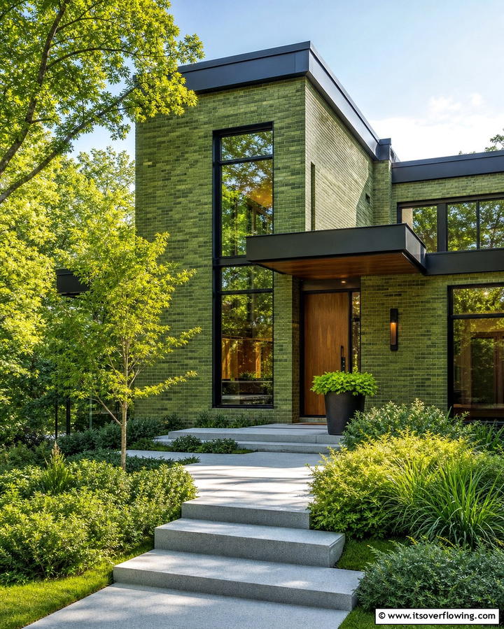 Moss Green Brick for a Natural Look - 30 Green Brick Exterior Home Design Ideas for Modern Houses