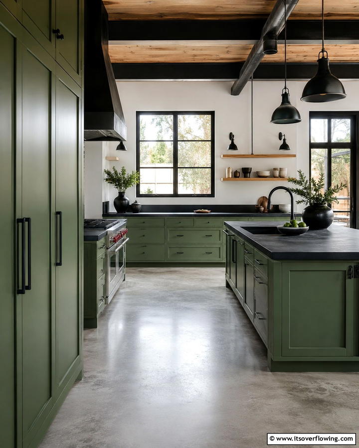 Moss Green Cabinets with Black Concrete Countertops - 30 Green Kitchen Cabinets & Black Countertops Pairing Ideas