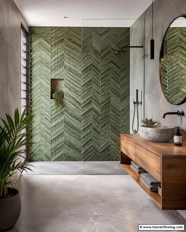 Moss Green Chevron Tiles - 30 Green Bathroom Tile Design Ideas for a Refreshing Oasis