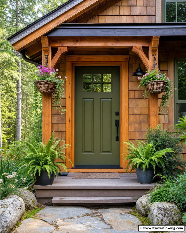 Moss Green Door with Wood Surround - 20 Stunning Dark Green Front Door Ideas for Curb Appeal