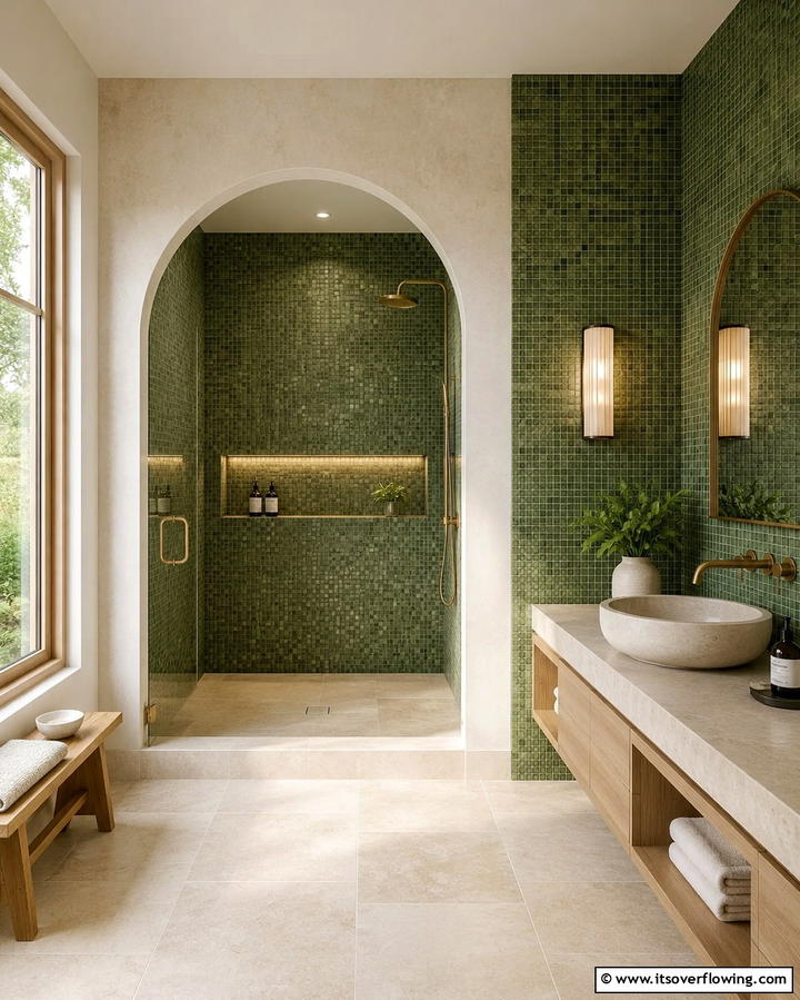 Moss Green Mosaic Patterns - 30 Green Bathroom Tile Design Ideas for a Refreshing Oasis
