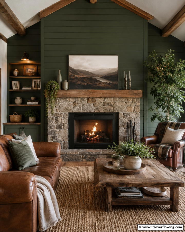Moss Green Shiplap Feature - 25 Green Fireplace Ideas for a Cozy and Eco-Friendly Home