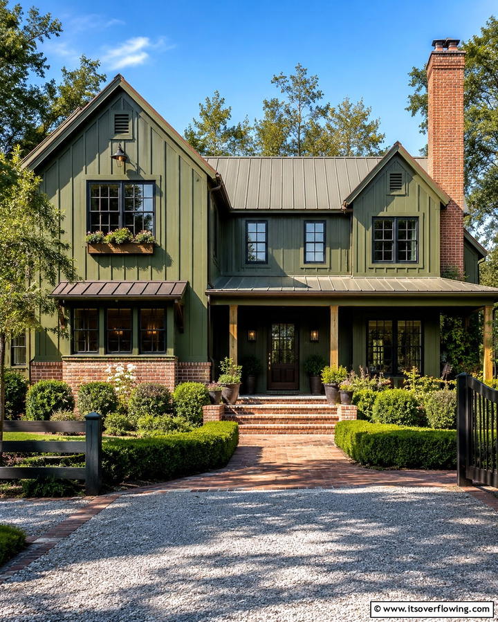 Moss Green with Exposed Brick - 25 Farmhouse Green Exterior Home Ideas for a Fresh Look
