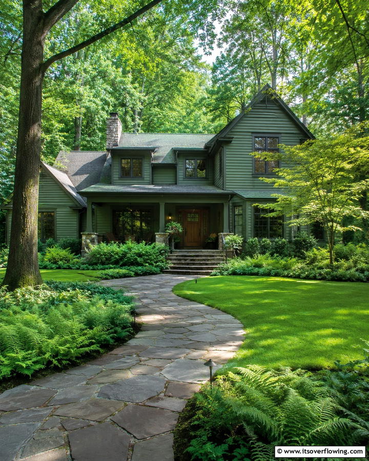Moss Green with Stone Pathways - 25 Farmhouse Green Exterior Home Ideas for a Fresh Look