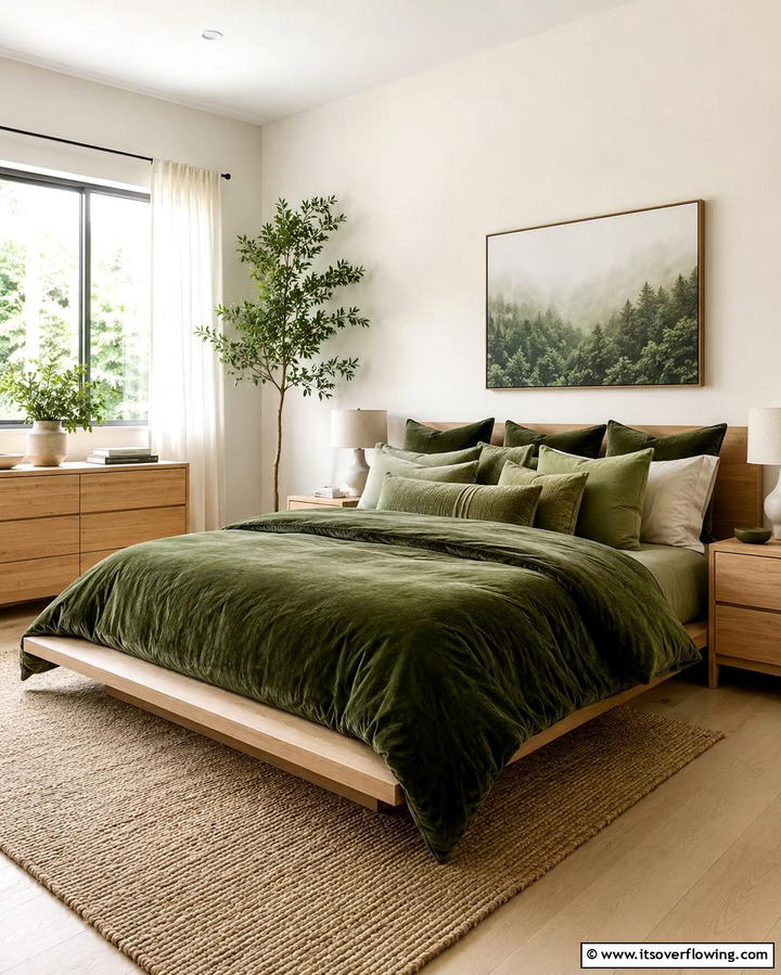 Mossy Green Bedding - 30 Forest-Themed Bedroom Ideas for Nature-Inspired Retreats