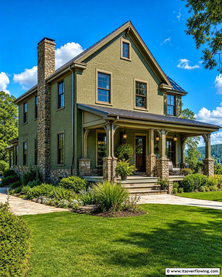Mossy Green with Natural Stone Accents - 30 Green Brick Exterior Home Design Ideas for Modern Houses