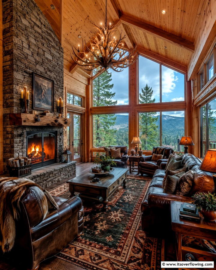 Mountain Lodge Sunroom with Wood Burning Fireplace - 30 Sunroom With Fireplace Ideas for Year-Round Comfort