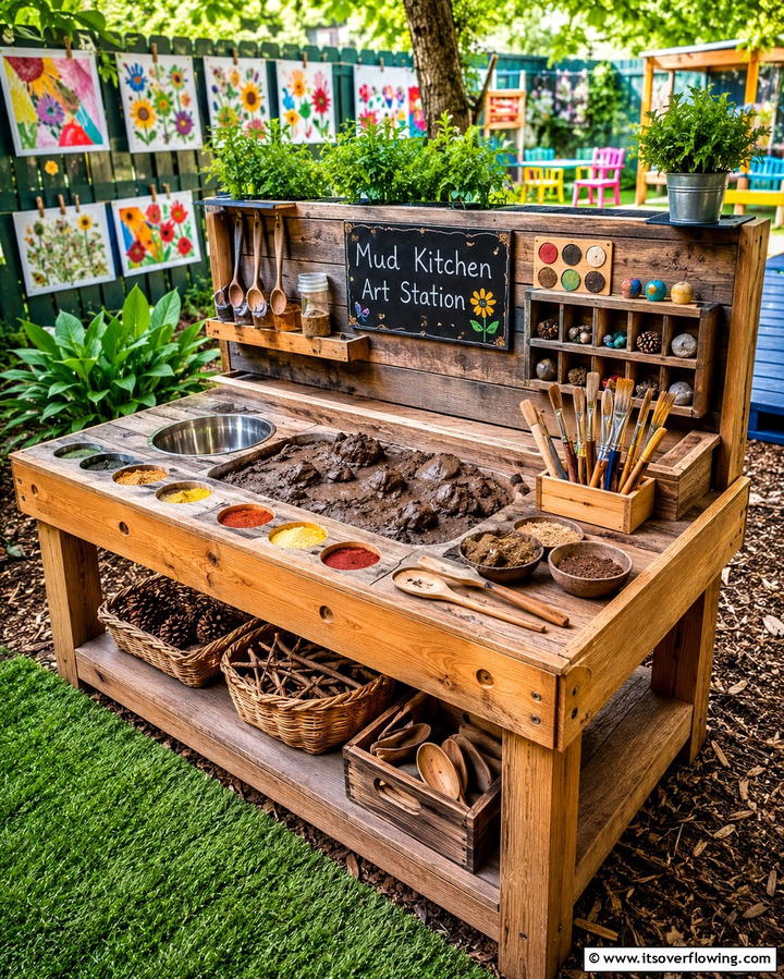 Mud Kitchen Art Station - 30 Mud Kitchen Ideas to Inspire Outdoor Kids’ Play