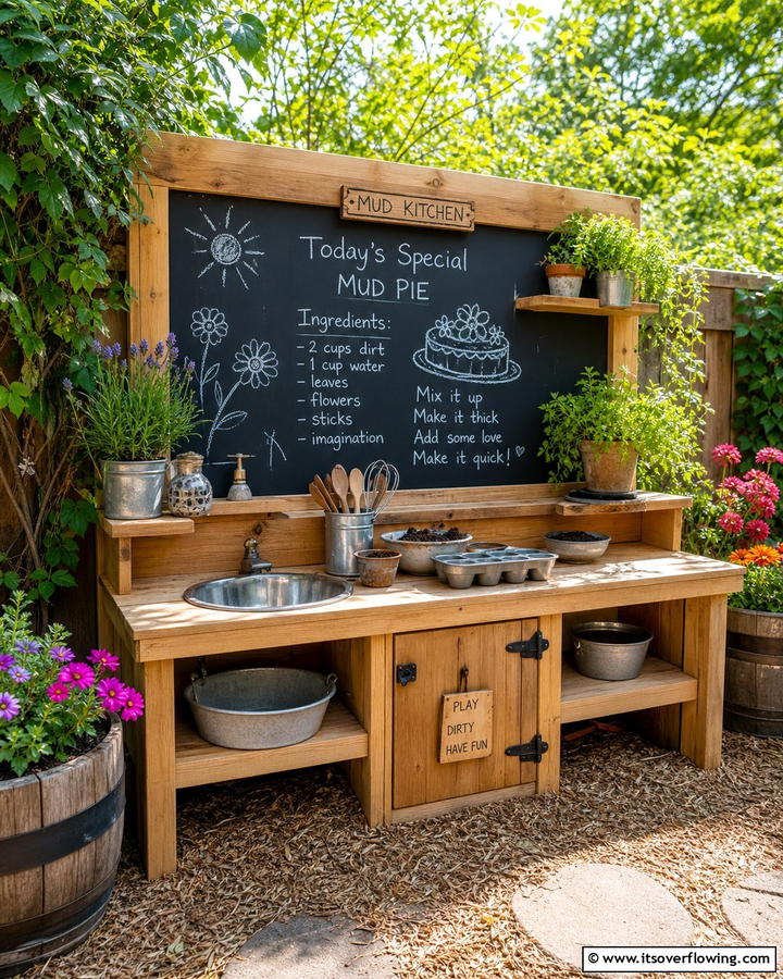 Mud Kitchen with Chalkboard Backdrop - 20 Mud Kitchen Ideas for Outdoor Fun with Kids