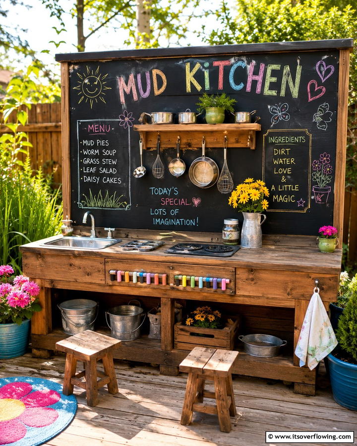 Mud Kitchen with Chalkboard Wall - 30 Mud Kitchen Ideas to Inspire Outdoor Kids’ Play