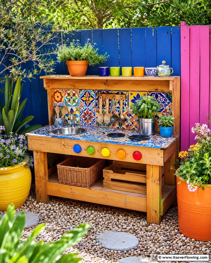 Mud Kitchen with Colorful Tiles - 30 Mud Kitchen Ideas to Inspire Outdoor Kids’ Play