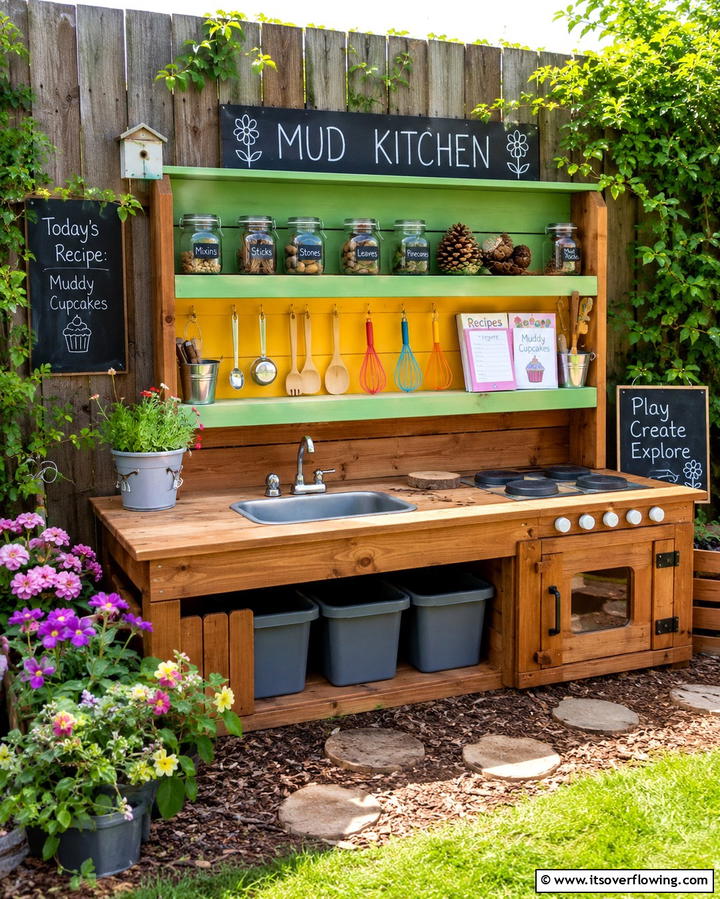 Mud Kitchen with Custom Shelves - 30 Mud Kitchen Ideas to Inspire Outdoor Kids’ Play