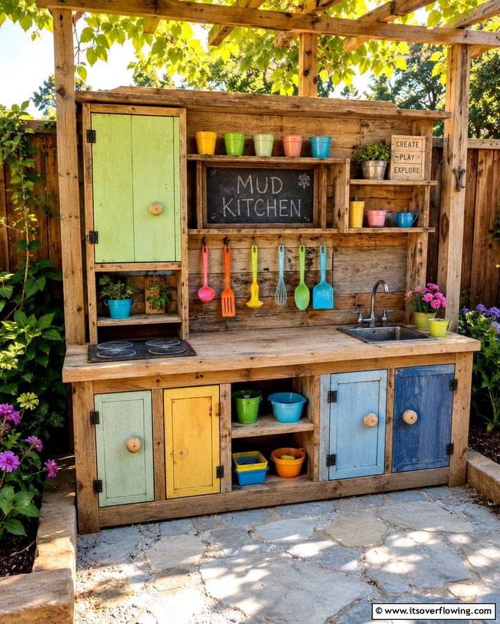 Mud Kitchen with DIY Cabinets - 30 Mud Kitchen Ideas to Inspire Outdoor Kids’ Play