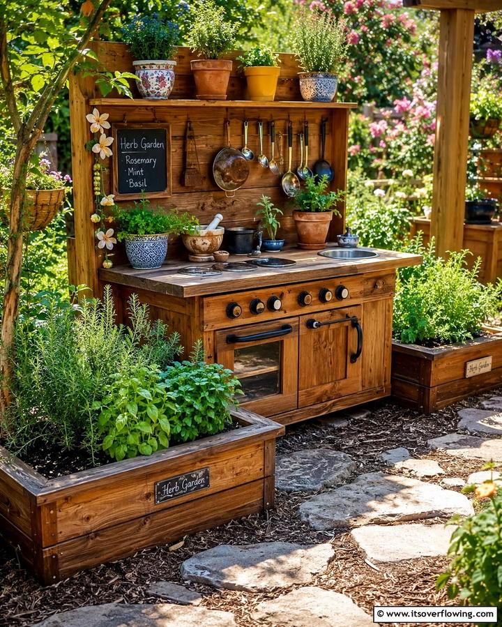 Mud Kitchen with Herb Garden - 30 Mud Kitchen Ideas to Inspire Outdoor Kids’ Play