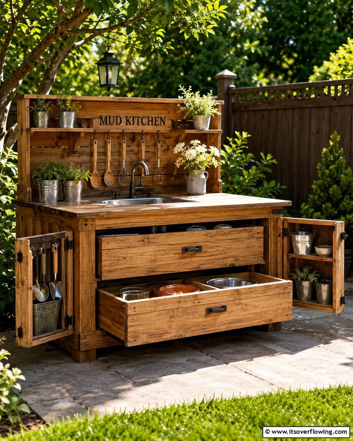 Mud Kitchen with Hidden Storage - 30 Mud Kitchen Ideas to Inspire Outdoor Kids’ Play