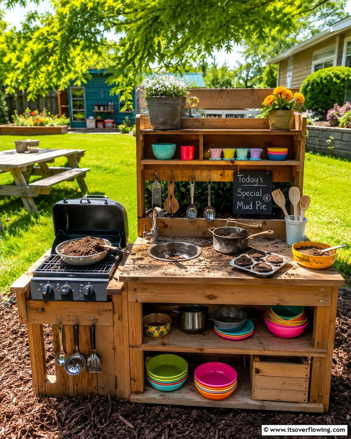 Mud Kitchen with Mini Grill - 30 Mud Kitchen Ideas to Inspire Outdoor Kids’ Play