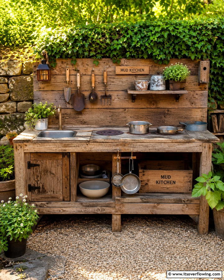Mud Kitchen with Reclaimed Wood - 30 Mud Kitchen Ideas to Inspire Outdoor Kids’ Play