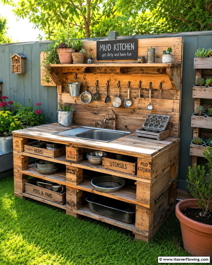 Mud Kitchen with Repurposed Pallets - 30 Mud Kitchen Ideas to Inspire Outdoor Kids’ Play