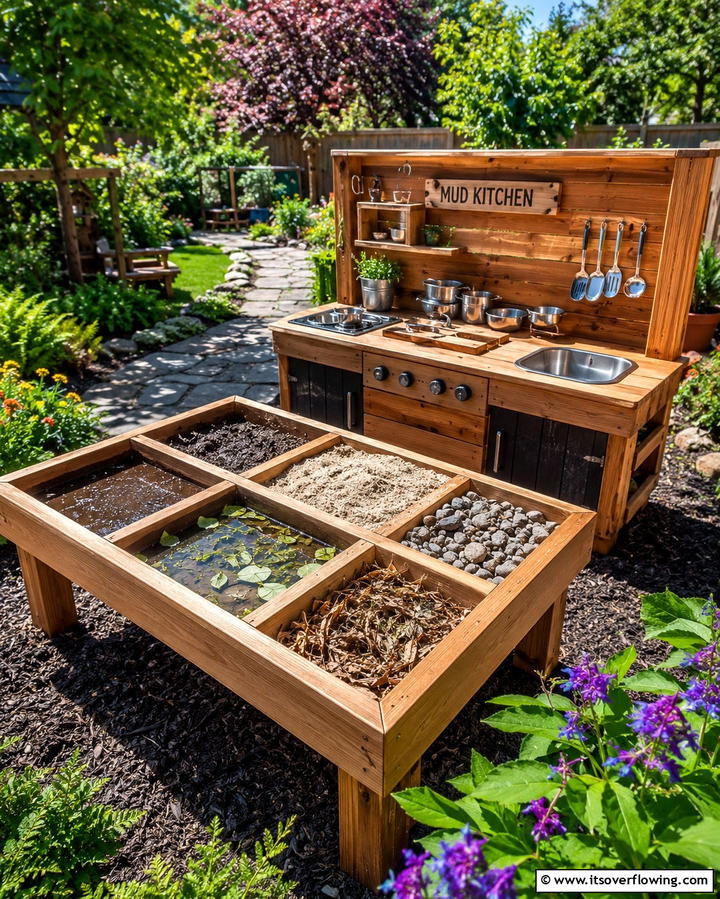 Mud Kitchen with Sensory Table - 30 Mud Kitchen Ideas to Inspire Outdoor Kids’ Play