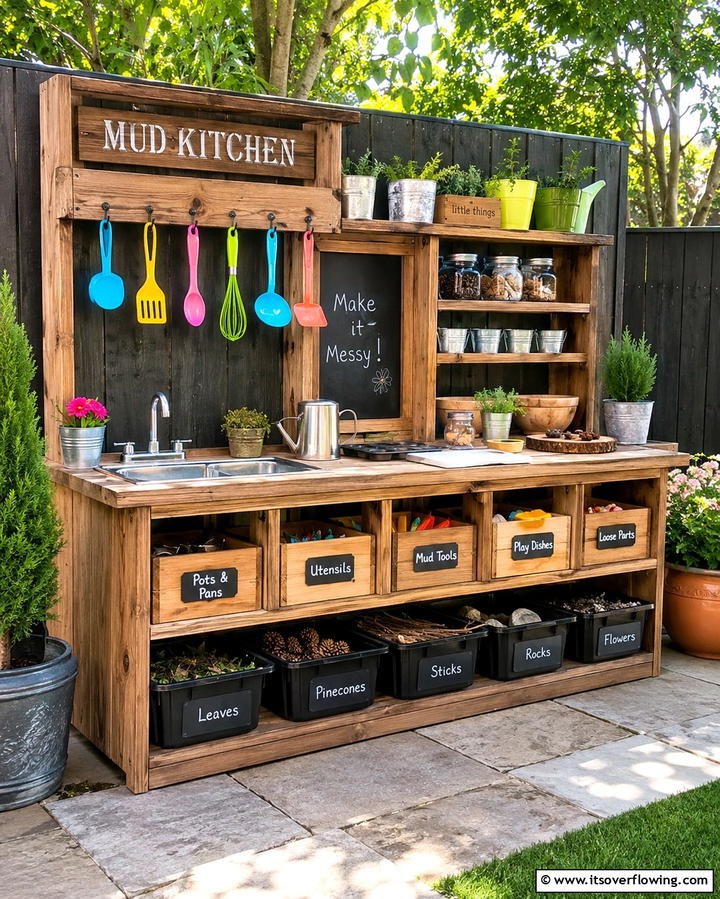 Mud Kitchen with Storage Solutions - 30 Mud Kitchen Ideas to Inspire Outdoor Kids’ Play