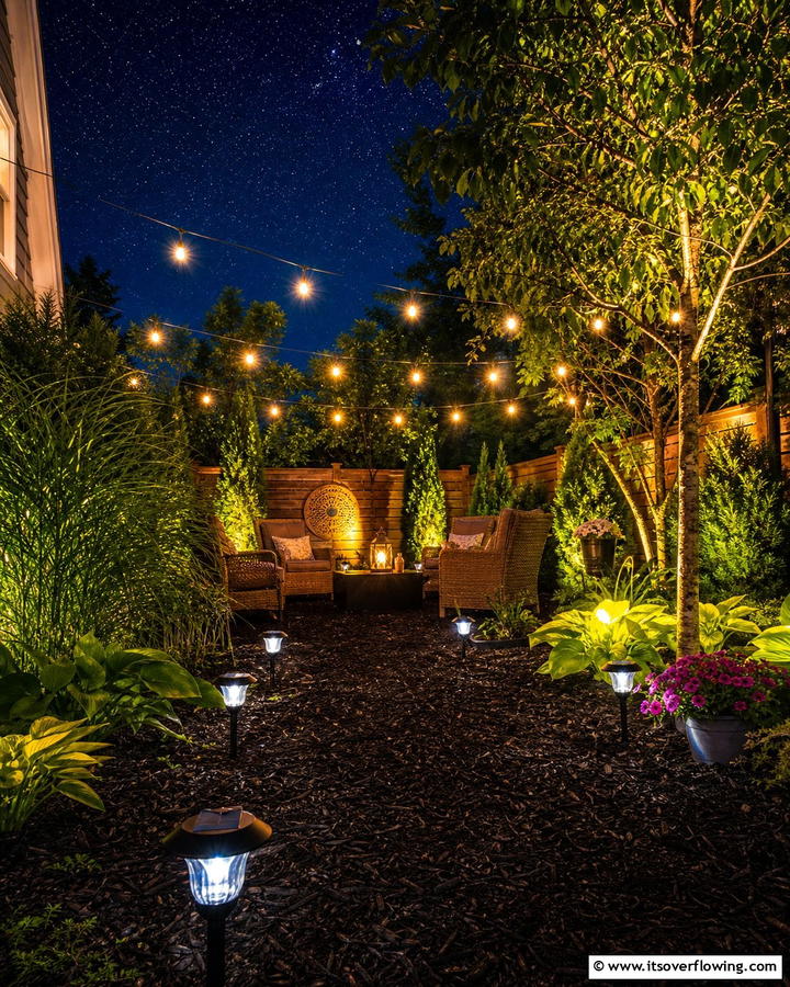 Mulch Patio with Lighting Accents - 20 Mulch Patio Ideas for a Low-Maintenance Outdoor Space