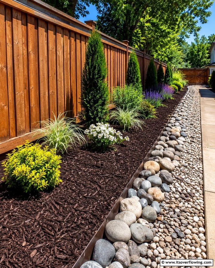 Mulch and Stone Combination - 30 Simple Fence Line Landscaping Ideas for Curb Appeal