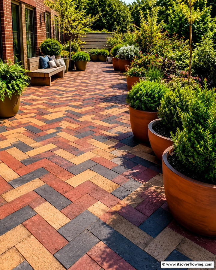 Multi Colored Brick Herringbone Design - 25 Herringbone Brick Patio Designs for a Classic Look