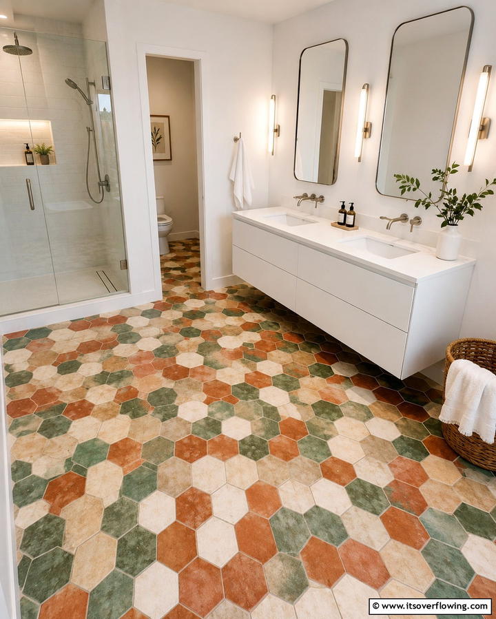 Multi Colored Hexagon Tile Patterns - 30 Bathrooms with Hexagon Tile Floor Design Ideas